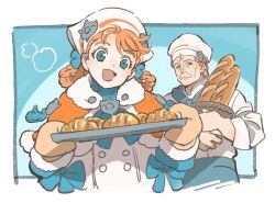 1boy 1girl 9st_3nomushi annette_fantine_dominic annette_fantine_dominic_(winter) aqua_bow aqua_neckerchief aqua_pants aqua_sweater baguette bakery bow braid bread brown_mittens capelet chef_hat closed_mouth commentary father_and_daughter fire_emblem fire_emblem:_three_houses food fur-trimmed_capelet fur-trimmed_mittens fur_trim gilbert_pronislav green_eyes hair_rings happy hat head_tilt headscarf holding holding_tray looking_at_viewer medium_hair mittens neckerchief nintendo official_alternate_costume official_alternate_hairstyle open_mouth orange_capelet orange_hair pants shirt shop short_hair smile standing sweater tray turtleneck turtleneck_sweater twin_braids white_hat white_headscarf white_shirt
