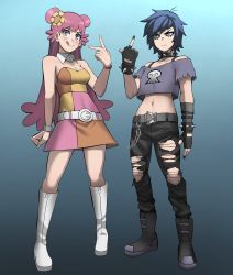 &gt;:( 2girls :q adapted_costume ami_onuki angry animification arm_at_side bare_shoulders belt black_gloves black_nails black_pants blue_background blue_eyes blue_hair blush boots bracelet breasts cleavage clenched_hand closed_mouth collar detached_collar double_bun dress fingerless_gloves flower full_body gloves goth_fashion gradient_background grey_background grey_belt grey_shirt hair_bun hair_flower hair_ornament half-closed_eyes hand_up hi_hi_puffy_amiyumi highres jewelry jourd4n knee_boots long_hair looking_at_viewer matching_hair/eyes medium_breasts middle_finger midriff multicolored_dress multiple_girls nail_polish navel neck off-shoulder_shirt off_shoulder pants pink_eyes pink_hair punk punkish_gothic serious shirt short_dress short_hair skull_print spiked_bracelet spiked_collar spikes standing strapless strapless_dress tongue tongue_out torn_clothes torn_pants two-tone_background v watch white_belt white_boots wristwatch yumi_yoshimura