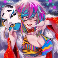 1girl :d asuka_(wrestler) blue_hair breasts cleavage coat grin holding holding_mask kabuki lipstick long_sleeves looking_at_viewer makeup mask meowyin multicolored_hair nail_polish open_mouth pink_hair red_coat red_eyes red_nails short_hair smile solo teeth wrestling_outfit wwe