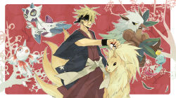 1boy character_request chimecho creatures_(company) froslass game_freak gen_1_pokemon gen_3_pokemon gen_4_pokemon goldeen headband holding holding_poke_ball horns inujirou lion_(artist) male_focus ninetales nintendo pixiv_trainer poke_ball pokemon pokemon_(creature) shiftry tail