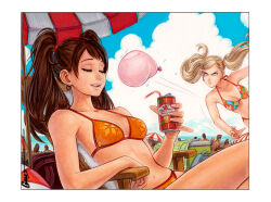 2girls angry beach beach_chair beach_umbrella bikini blonde_hair blue_eyes breasts brown_hair can closed_eyes drink_can earrings feet_out_of_frame floral_print hair_ornament hairclip halterneck holding holding_can jewelry kujikawa_rise large_breasts long_hair looking_at_another medium_breasts motion_lines multiple_girls multiple_others nail_polish omar_dogan orange_bikini outdoors persona persona_4 persona_5 pink_nails print_bikini sitting soda_can speed_lines swimsuit takamaki_anne throwing twintails umbrella water_balloon