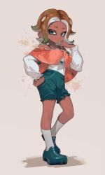 1girl absurdres aqua_eyes brown_hair closed_mouth collarbone dark-skinned_female dark_skin frilled_shorts frilled_sleeves frills full_body gradient_hair green_hair green_shoes green_shorts grey_background hand_on_own_hip highres jinkoika loafers long_sleeves looking_at_viewer medium_hair multicolored_hair nintendo octoling octoling_girl octoling_player_character off-shoulder_shirt off_shoulder parted_bangs second-party_source shirt shoes shorts socks solo splatoon_(series) standing tentacle_hair white_shirt white_socks