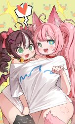 2girls :3 :d @_@ absurdres ahoge animal_ear_fluff animal_ears ass bat_girl bat_wings bell black_thighhighs blue_eyes blush borrowed_character bottomless bow breasts brown_hair clenched_hand collar commission cowboy_shot crab curly_hair curvy fang green_background green_eyes hair_between_eyes hair_bow hand_up head_wings heart highres huge_breasts kkaebing legs_together long_sleeves multicolored_hair multiple_girls nail_polish neck_bell off-shoulder_shirt off_shoulder open_mouth original pink_bow pink_hair pink_nails pink_tail pointy_ears print_shirt red_collar red_hair shared_clothes shared_shirt shirt single_bare_shoulder skin_fang smile sparkle speech_bubble spiked_collar spikes spoken_heart standing star-shaped_pupils star_(symbol) straight_hair streaked_hair symbol-shaped_pupils tail tearing_up tears thick_thighs thighhighs thighs twintails two-tone_headwear v-shaped_eyebrows white_hair white_shirt wings wolf_ears wolf_girl wolf_tail yellow_pupils