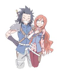 Rule 34 | 1boy, 1girl, arm around shoulder, armor, belt, bervens12, black gloves, blue vest, blush, breasts, cissnei, closed eyes, cowboy shot, cropped legs, cross scar, facial scar, final fantasy, final fantasy vii, final fantasy vii rebirth, final fantasy vii remake, furrowed brow, gloves, grey pants, grin, hair slicked back, hand on own chest, hand on own hip, highres, long hair, medium breasts, multiple belts, pants, pauldrons, pink shirt, red hair, red pants, scar, scar on cheek, scar on face, shirt, short hair, shoulder armor, sketch, smile, vest, wavy hair, wavy mouth, white background, white belt, wide-eyed, zack fair