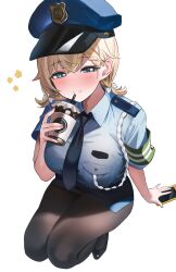 1girl absurdres armband black_necktie black_pantyhose black_shoes blonde_hair blue_eyes blue_hat blue_shirt blue_skirt blush bow breast_pocket breasts cellphone commentary cup disposable_cup drinking_straw full_body green_armband hair_bow hat highres holding holding_cup long_hair medium_hair miniskirt necktie original pantyhose peaked_cap pencil_skirt phone pocket police police_hat police_uniform policewoman shaffelli shirt shoes short-sleeved_sweater short_sleeves simple_background skirt smartphone solo striped_armband striped_clothes sweater white_background white_bow