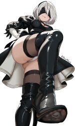 1girl 2b_(nier:automata) absurdres artist_name black_blindfold black_hairband blindfold boots breasts cleavage cleavage_cutout closed_mouth clothing_cutout commentary from_below gluteal_fold hairband hand_on_own_hip high_heel_boots high_heels highres juliet_sleeves leotard long_sleeves medium_breasts nier:automata nier_(series) payetvore puffy_sleeves short_hair simple_background skindentation smile solo stepped_on thigh_boots thighs white_background white_hair