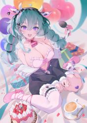 1girl :d andychen animal_ears animal_print balloon bell blue_hair box bra breasts cake cleavage collar cow_ears cow_horns cow_print cow_tail cup fake_animal_ears fake_horns food frilled_bra frilled_thigh_strap frills gift gift_box hair_between_eyes head_tilt heart_balloon high_heels highres horns large_breasts long_hair long_sleeves monstar_(company) multicolored_hair neck_bell olda_(vtuber) open_mouth pink_bra pink_collar print_socks purple_eyes saucer single_sock single_thighhigh smile socks solo spoon streaked_hair tail tea teacup thigh_strap thighhighs twintails underwear virtual_youtuber