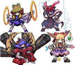 4girls chain crossover electricity food fruit glowing glowing_lines horns ibuki_suika kusanagi_kaoru mechanical_dress mechanical_hair mechanical_skirt mechanization medarot metal_hair moriya_suwako multiple_girls nagae_iku no_mouth onbashira orange_eyes red_eyes robot_girl rope shimenawa sitting touhou watermelon yasaka_kanako