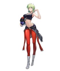 Rule 34 | 1girl, absurdres, aina saharin, ankle boots, arched back, armpits, bare arms, bare shoulders, belly, black tank top, bodysuit, boots, breasts, clothes around waist, collarbone, commentary, crop top, earrings, full-length zipper, full body, glint, green eyes, green hair, groin, gundam, gundam 08th ms team, helmet, highres, holding, holding helmet, jewelry, large breasts, long sleeves, looking at viewer, mecha pilot suit, medium hair, navel, necklace, normal suit (gundam), open bodysuit, open clothes, parted lips, partially unzipped, pope (user vuza2542), red bodysuit, simple background, solo, standing, tank top, teeth, white background, white boots, zeon, zipper