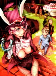 1girl 5boys animal_ears blue_eyes breasts cake candy chocolate cleavage detexted fake_animal_ears fishnet_pantyhose fishnets food glasses hat highres lipstick makeup multiple_boys nishieda pantyhose pink_hair playboy_bunny rabbit_ears scarf short_hair third-party_edit willy_wonka