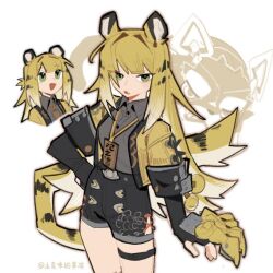 1girl animal_ears black_gloves black_hair black_shorts blonde_hair collared_shirt commentary_request gloves green_eyes hand_on_own_hip hu_wei_(zenless_zone_zero) ju_fufu long_hair multicolored_hair multiple_views open_mouth orange_hair shirt shorts simple_background tail thigh_strap tiger_ears tiger_girl tiger_tail tudouwei_de_guodong zenless_zone_zero