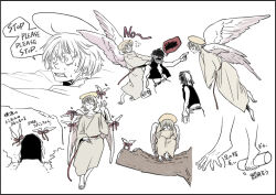 Rule 34 | 2boys, angel, angel wings, blonde hair, commentary request, english text, feathered wings, flying, guardian spirit (randal&#039;s friends), halo, holding with feet, male focus, mixed-language text, multiple boys, prehensile toes, randal&#039;s friends, robe, short hair, simple background, the wanderer (randal&#039;s friends), translation request, tsukasa (tsukasa mimizuku), tunnel, white background, white wings, wings