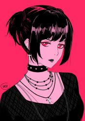 1girl black_collar black_lips black_shirt breasts collar cross cross_earrings cross_necklace earclip earrings expressionless goth_fashion highres jewelry lipstick makeup medium_breasts mikasa_ackerman necklace red_background red_eyes shingeki_no_kyojin shirt short_hair simple_background solo spiked_collar spikes twintails