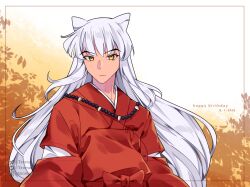 1boy absurdres animal_ears bead_necklace beads closed_mouth dated dog_boy dog_ears happy_birthday highres instagram_username inuyasha inuyasha_(character) japanese_clothes jewelry long_hair looking_at_viewer male_focus necklace orange_background red_shirt shirt sidelocks solo tiroma tooth_necklace twitter_username upper_body white_hair yellow_eyes