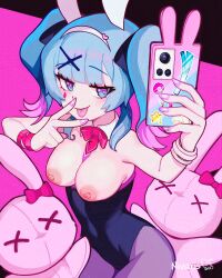 1girl absurdres adversarial_noise alt_text animal_ears artist_name bare_shoulders black_leotard blue_eyes blue_hair bow bowtie breasts breasts_out center-flap_bangs chest_harness cleavage commentary cowboy_shot english_commentary fake_animal_ears harness hatsune_miku highres large_breasts leotard long_hair multicolored_hair necktie nipples paid_reward_available pantyhose pink_background pink_bow pink_bowtie pink_hair pink_necktie pink_pupils playboy_bunny rabbit_ears rabbit_girl rabbit_hole_(vocaloid) selfie solo strapless strapless_leotard stuffed_animal stuffed_toy sunset_nivaris tongue tongue_out twintails two-tone_hair v vocaloid