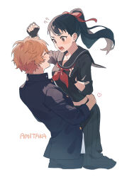 Rule 34 | 1boy, 1girl, amiguchi shuu, angry, black gloves, black hair, black jacket, black serafuku, black skirt, blush, carrying, carrying person, delinquent, fingerless gloves, gakuran, gloves, highres, jacket, juusan kihei bouei ken, long skirt, long sleeves, looking at another, neckerchief, orange hair, pankona (ubsssss), ponytail, red neckerchief, red ribbon, ribbon, school uniform, serafuku, simple background, skirt, sukeban, takamiya yuki, tsundere, white background