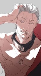 Rule 34 | 1boy, akatsuki uniform, forehead protector, grey background, grey hair, hidan (naruto), highres, jewelry, looking at viewer, male focus, muscular, muscular male, naruto (series), naruto shippuuden, necklace, ninja, purple eyes, short hair, simple background, solo, stitched neck, stitches, upper body, zifletts