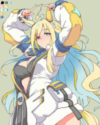 1girl ahoge alternate_breast_size animal_ears arms_up bandeau black_bandeau blonde_hair blue_eyes blue_hair breasts bursting_breasts color_guide colored_inner_hair diamond_hair_ornament ear_covers ear_ornament horse_ears horse_girl horse_tail jacket large_breasts limited_palette multicolored_hair neo_universe_(umamusume) single_ear_cover solo tail toriga_naku two-tone_hair two-tone_tail umamusume