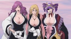 3girls absurdres bleach bleach:_sennen_kessen-hen blonde_hair blue_eyes breasts cleavage collarbone drill_hair eyepatch female_focus hair_ornament hakama hand_on_own_hip highres hikifune_kirio huge_breasts japanese_clothes jewelry katen_kyoukotsu kimono lips lipstick long_hair looking_at_viewer makeup matsumoto_rangiku medium_hair mole mole_under_mouth multiple_girls nail_polish necklace no_bra open_clothes open_kimono open_mouth pink_eyes pink_hair purple_hair purple_nails skull skull_hair_ornament sonzhondaya teeth trait_connection twin_drills twintails upper_teeth_only zanpakutou_(spirit)