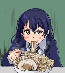 1girl absurdres blue_hair blush bowl chopsticks commentary company_connection cosplay eating food green_background gundam gundam_gquuuuuux highres holding holding_chopsticks long_hair look-alike love_live! love_live!_school_idol_project maruyo noodles nyaan_(gundam_gquuuuuux) nyaan_(gundam_gquuuuuux)_(cosplay) parody ramen solo sonoda_umi sunrise_(company) yellow_eyes