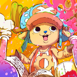 1boy absurdres animal_hands antlers bare_shoulders black_eyes blue_nose body_fur book brown_fur furry furry_male hat highres horns illustica_phantom male_focus one_piece open_mouth pink_hat smile smoke solo tony_tony_chopper vial