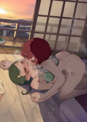 Rule 34 | 2girls, absurdres, ass, blush, bottomless, breasts, cleft of venus, closed eyes, commission, dimples of venus, french kiss, green hair, highres, holding hands, idolmaster, idolmaster cinderella girls, indoors, kiss, monobe yuri, mosquito coil, multiple girls, murakami tomoe, pixiv commission, pussy, pussy juice, pussy juice stain, pussy juice trail, red hair, saliva, shuto aoi, sliding doors, small breasts, steam, sunset, sweat, tatami, tongue suck, yuri