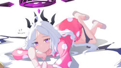 Rule 34 | 1girl, ahoge, black halo, blue archive, blush, demon girl, demon horns, demon wings, halo, highres, hina (blue archive), hina (pajamas) (blue archive), horns, hoshi yunsa, long hair, looking at viewer, lying, pajamas, pink pajamas, polka dot, polka dot pajamas, purple eyes, simple background, solo, white background, white hair, wings