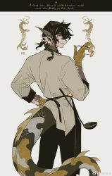 1boy animal_ears arknights bandana black_bandana black_pants braid chinese_commentary closed_mouth commentary_request dragon dragon_boy dragon_ears fins fish_tail from_behind furry furry_male gloves hand_on_own_hip highres holding holding_removed_eyewear ladle lee_(arknights) lee_(remedy_in_a_cup_of_leung_cha)_(arknights) looking_at_viewer looking_back male_focus pants profile round_eyewear shirt sirakaro smile tail unworn_eyewear watermark weibo_watermark white_shirt yellow_gloves