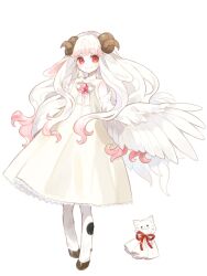 1girl brown_horns cat curled_horns dairoku_ryouhei dress full_body hooves horns lily_vogel long_hair long_sleeves looking_at_viewer oooita red_eyes smile solo standing transparent_background very_long_hair white_dress white_wings wings