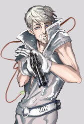 1boy absurdres beard belt blue_eyes cable commentary_request facial_hair gloves goatee gun handgun high_collar highres holding holding_gun holding_weapon jojo_no_kimyou_na_bouken male_focus mandom_(stand) mustache revolver ringo_roadagain shirt short_hair solo stand_(jojo) steel_ball_run weapon white_belt white_gloves white_hair white_pubic_hair white_shirt yuutairidatu