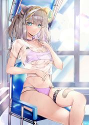 Rule 34 | 1girl, absurdres, animal ears, bikini, bikini under clothes, blue eyes, blush, breasts, cat ears, chair, choker, closed mouth, commentary request, hane yuki, highres, indoors, large breasts, lifeguard, long hair, looking at viewer, navel, no pants, original, paid reward available, platinum blonde hair, pool, poolside, purple bikini, see-through clothes, sitting, skindentation, solo, swimsuit, thigh strap, thighs, water drop, wet