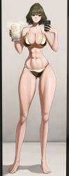 1girl abs bare_shoulders barefoot beer_mug bikini blue_eyes blush breasts cleavage collarbone cum cum_in_container cum_in_cup cup full_body gluteal_fold gold_bikini green_eyes grey_hair heterochromia highres holding holding_phone idolmaster idolmaster_cinderella_girls large_breasts mirror_selfie mole mole_under_eye mug navel open_mouth phone senju_(snz0) short_hair solo swimsuit takagaki_kaede thighs