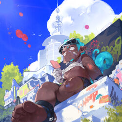 1boy absurdres arknights balloon bandaid bandaid_on_cheek bandaid_on_face black_shorts blue_hair blue_sky blue_tail chameleon_boy chameleon_tail chinese_commentary clothes_lift cloud commentary_request dark-skinned_male dark_skin ethan_(arknights) eyewear_on_head facial_hair goatee highres lqqq male_focus muscular muscular_male pectorals pointy_ears shirt shirt_lift shorts sitting sky sleeveless sleeveless_shirt tail tank_top white_shirt white_tank_top