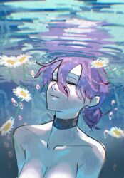 1girl black_choker breasts chainsaw_man cheshire_nek choker closed_eyes closed_mouth flower grenade_pin hair_bun highres medium_breasts purple_hair reze_(chainsaw_man) solo submerged topless_female