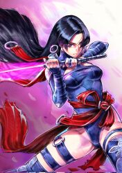 1girl black_hair breasts curvy earrings elbow_gloves gloves highleg highleg_leotard highres holding holding_sword holding_weapon jewelry large_breasts leotard long_hair looking_at_viewer marvel marvel_rivals psylocke psylocke_(vengeance) purple_eyes purple_leotard rodrigo_yoshimiya sash shiny_skin solo superhero_costume sword thighhighs weapon wide_hips x-men
