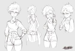 1girl absurdres bracelet brooch closed_eyes commentary cropped_legs cropped_torso dated english_commentary eyelashes finger_to_cheek glasses grey_background greyscale hand_in_own_hair hand_on_own_chin hand_on_own_face hand_on_own_hip high-waist_shorts highres jacket jewelry kyokugen_dasshutsu kyokugen_dasshutsu_adv:_zennin_shibou_desu long_sleeves monochrome multiple_views necklace open_clothes open_jacket open_mouth phi_(kyokugen_dasshutsu) puff_of_air shirt short_hair shorts signature simple_background skirt snartles sweatdrop very_short_hair zero_escape:_toki_no_dilemma