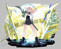 1girl absurdres black_gloves black_ribbon black_shoes full_body glasses gloves high-waist_skirt highres holding holding_polearm holding_weapon long_hair long_sleeves naginata pencil_skirt pink_eyes pink_hair polearm ribbon ring_hair_ornament shirt shoes skirt standing tsukishiro_yanagi weapon white_shirt zenless_zone_zero zeroartwo