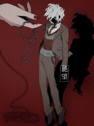 1boy 1other black_eyes brown_suit chain chain_leash character_request collar danganronpa_(series) danganronpa_2:_goodbye_despair formal_clothes grey_hair highres holding holding_leash jacket komaeda_nagito leash male_focus metal_collar open_clothes open_jacket red_background red_nails shadow short_hair suit sweat uri_ka55