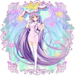 1girl absurdly_long_hair alternate_costume animal_ears breasts closed_mouth dress game_cg halo hat highres holding holding_pen long_hair looking_at_viewer nurse nurse_cap official_art pen pink_dress pink_eyes pink_hat purple_hair rabbit_ears rabbit_girl rabbit_tail reisen_udongein_inaba rotte_(1109) short_sleeves solo tail thighhighs third-party_source touhou touhou_lostword transparent_background very_long_hair white_thighhighs wings