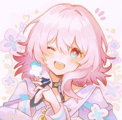 1girl blue_eyes blush commentary english_commentary flower gloves gradient_hair hair_between_eyes honkai:_star_rail honkai_(series) interlocked_fingers long_sleeves looking_at_viewer march_7th_(honkai:_star_rail) march_7th_(preservation)_(honkai:_star_rail) multicolored_hair notice_lines one_eye_closed open_mouth own_hands_together pink_flower pink_hair red_hair renkkai signature single_glove solo upper_body