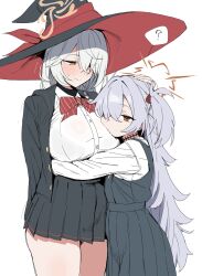 2girls ? absurdres black_choker black_jacket black_shirt blue_archive blush bow bowtie bra braid breasts brown_eyes brown_halo buttons choker commentary_request cowboy_shot diagonal-striped_bow dress eri_(blue_archive) grey_hair hair_over_one_eye hair_over_shoulder halo hat highres hug jacket kanoe_(blue_archive) large_breasts long_hair long_sleeves messy_hair mojyo multiple_girls open_clothes open_jacket petting pinafore_dress pink_halo red_bow red_bowtie see-through_clothes see-through_shirt shiny_skin shirt short_twintails sleeveless sleeveless_dress small_sweatdrop spoken_question_mark striped_bow twintails underbutt underwear very_long_hair white_background white_shirt witch_hat xipa yellow_eyes
