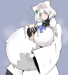 Rule 34 | 1boy, 1girl, ^ ^, animal ears, between breasts, blush, body fur, breast smother, breasts, closed eyes, closed mouth, curvy, face to breasts, grey background, hand on another&#039;s head, head between breasts, height difference, hug, huge breasts, kumamu, leaf, leaf on head, mature female, original, raccoon ears, raccoon girl, raccoon tail, short hair, simple background, smile, steaming body, tail, tail wrap, tall female, tanuki, white hair, wide sleeves