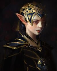 1girl armor black_hair commentary elf english_commentary gold helmet highres long_pointy_ears original painterly pointy_ears sebijy solo