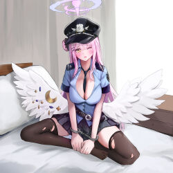 1girl absurdres black_hat black_necktie black_skirt black_thighhighs blue_archive blue_shirt bound bound_wrists breasts cleavage commentary cuffs dana_(hapong07) feathered_wings full_body hair_bun hair_ornament halo handcuffs hat highres indoors large_breasts long_hair looking_at_viewer low_wings mika_(blue_archive) miniskirt necktie no_shoes on_bed one_eye_closed open_mouth pillow pink_hair pink_halo pleated_skirt police police_hat police_uniform shirt short_sleeves simple_background single_hair_bun single_side_bun sitting skirt solo thighhighs thighs torn_clothes torn_thighhighs white_wings wings x_hair_ornament