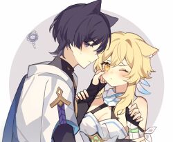 Rule 34 | 1boy, 1girl, animal ear fluff, animal ears, armor, black bodysuit, black bridal gauntlets, black gloves, black hair, blonde hair, blue cape, blue sleeves, blue trim, blunt ends, blush, bodysuit, breasts, bridal gauntlets, cape, cat boy, cat ears, cheek pinching, cleavage, closed mouth, detached sleeves, dress, eyelashes, eyeliner, eyeshadow, fingernails, genshin impact, gloves, hair between eyes, halterneck, hand on another&#039;s arm, highres, japanese armor, japanese clothes, kimono, kote, kurokote, layered sleeves, looking at another, looking at viewer, lumine (genshin impact), makeup, medium breasts, one eye closed, partially fingerless gloves, pinching, purple eyes, purple rope, red eyeliner, red eyeshadow, reido 0723, rope, scaramouche (genshin impact), scarf, short hair, short hair with long locks, short sleeves, sidelocks, simple background, squiggle, sweatdrop, vambraces, wanderer (genshin impact), white dress, white kimono, white scarf, white sleeves, yellow eyes
