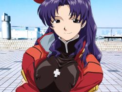 1girl breast_press breasts dress female_focus game_cg jacket jewelry katsuragi_misato kneeling large_breasts long_hair looking_at_viewer necklace neon_genesis_evangelion open_clothes open_jacket parted_lips purple_hair short_dress sky smile solo turtleneck upper_body yabusame