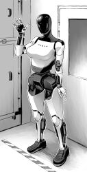 Rule 34 | 1girl, breasts, double deck, faceless, faceless female, highres, indoors, large breasts, original, pussy, robot, solo, tesla (company), waving