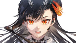 Rule 34 | 1girl, artist name, black hair, chinese commentary, commentary request, earpiece, girls&#039; frontline, hair ornament, headgear, highres, imoko (imonatsuki), long hair, looking at viewer, lower teeth only, open mouth, orange eyes, portrait, qbz-191 (girls&#039; frontline), simple background, solo, straight-on, teeth, watermark, weibo username, weibo watermark, white background
