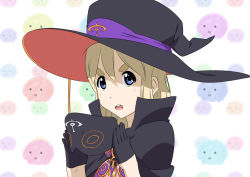 10s 1girl :o blonde_hair blue_eyes cosplay eyebrows female_focus gloves hat k-on! kotobuki_tsumugi kurukuru_(sekai_seifuku) long_hair look-alike mask oku_no_shi open_mouth professor_um professor_um_(cosplay) sekai_seifuku:_bouryaku_no_zvezda solo thick_eyebrows unworn_mask witch_hat