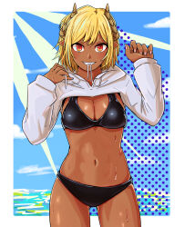 1girl bikini black_bikini blonde_hair border breasts cleavage cloud cloudy_sky cropped_hoodie dark-skinned_female dark_skin day demon_girl demon_horns highres hood hood_down hoodie horns kuroyama_mary looking_at_viewer navel neko_040 ocean original outdoors outside_border pointy_ears polka_dot polka_dot_background red_eyes sky solo standing sunlight swimsuit water wet white_border white_hoodie